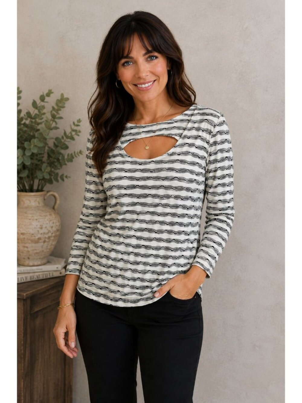 Tianello Women's Black & White Striped 3/4 Sleeve BonBon Tee - Size S
